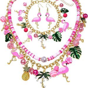 Flamingo Jewelry Set for Women Summer Beach Necklace Bracelet Earrings Gifts